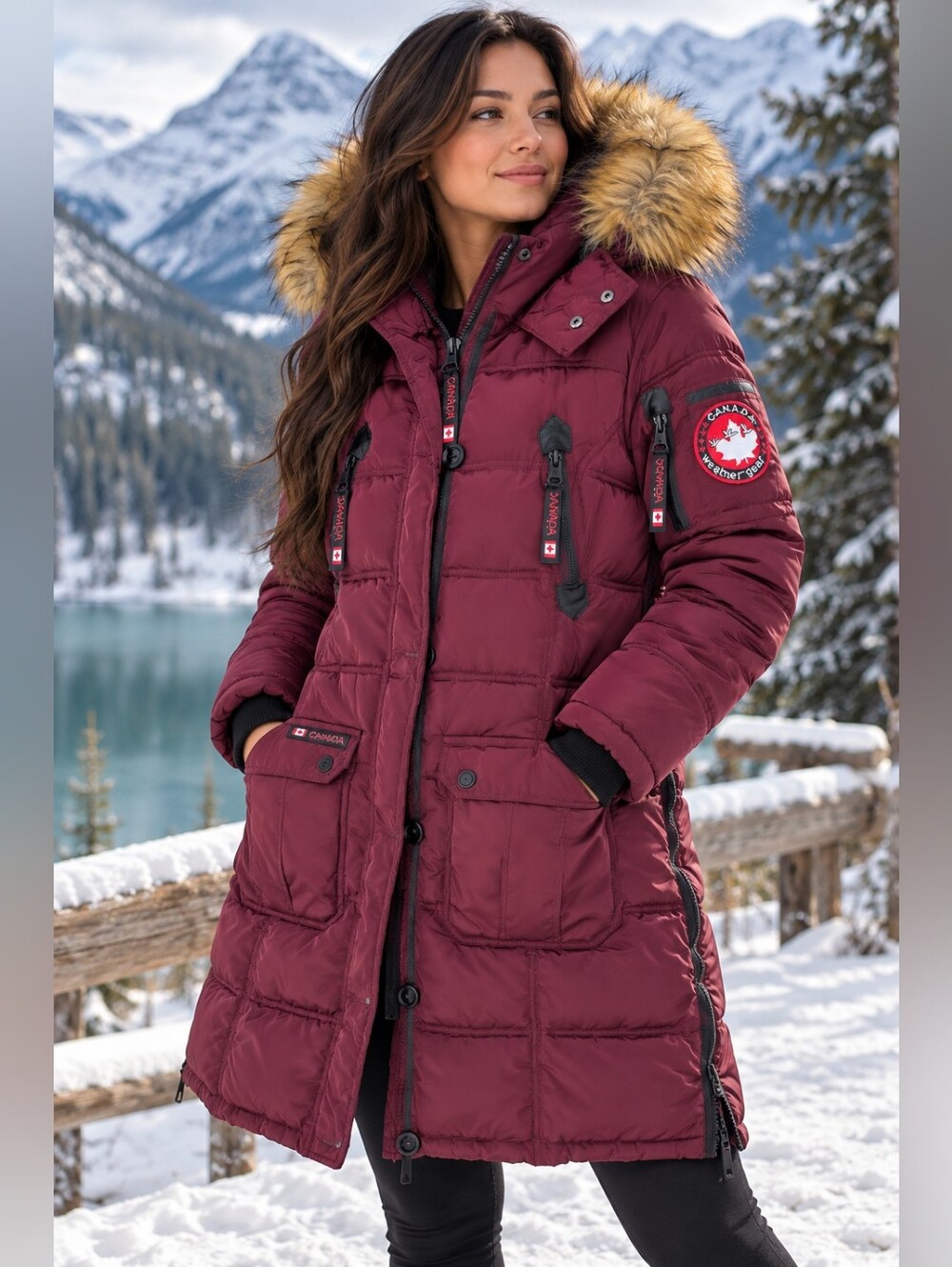 Canada Weather Gear Women’s XL Long Puffer Parka Faux Fur Hood Burgundy